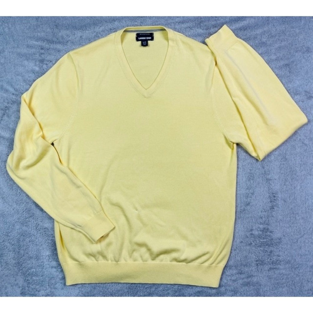 Lands' End Men's Sweater Large Tall Yellow V-Neck 100% Supima Cotton Long Sleeve